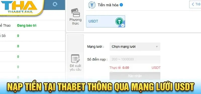 Nạp tiền Thabet bằng cách sử dụng mạng lưới USDT.